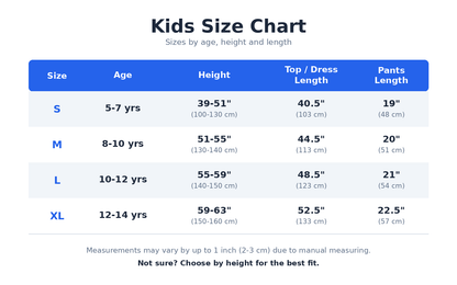 Kids size chart table showing sizes S–XL with age, height, and garment lengths