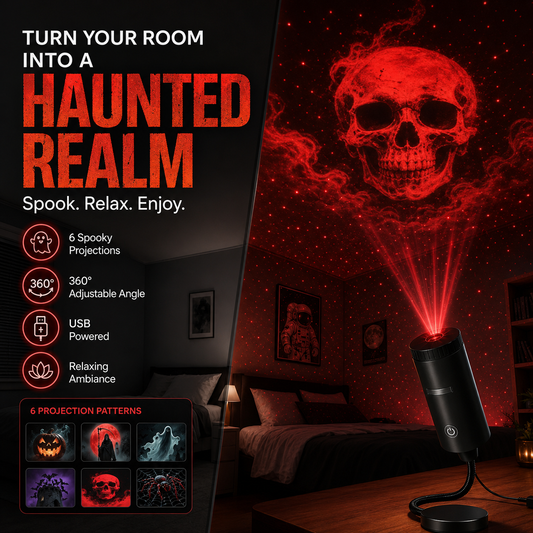 Halloween projector light with black body, tabletop base, and skull red light beam effect